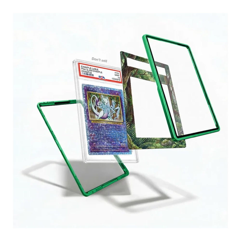Green acrylic card protectors shown in three states: assembled around a graded Yu-Gi-Oh! Todoroki card, disassembled, and one featuring a green jungle pattern.