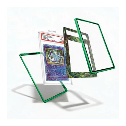 Green acrylic card protectors shown in three states: assembled around a graded Yu-Gi-Oh! Todoroki card, disassembled, and one featuring a green jungle pattern.