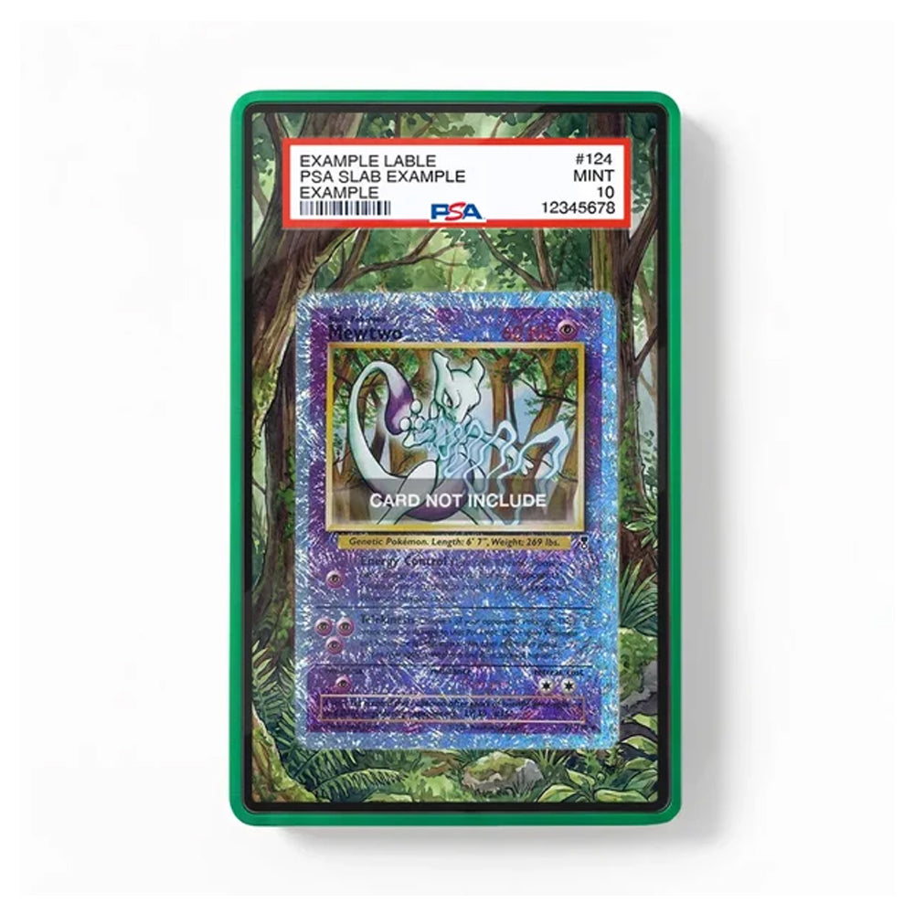 A PSA graded collectible card slab showing a holographic blue card inside a green protective case with a red PSA label at the top, photographed on a white background.