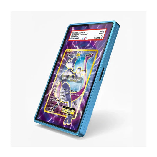 A blue protective phone case shown on a smartphone, featuring a holographic Pokémon Mew card design on the screen, set against a clean white background.