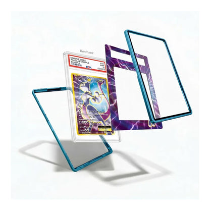 Three transparent acrylic display frames with metallic blue edges are arranged around a graded Pokémon TCG card on a clean white background. One frame is open behind the card, one is angled to the left, and one is open to the right.