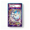 A PSA-certified graded Pokémon trading card featuring Mew in a purple lightning-themed holographic mount, sealed in a clear protective slab with a blue border. The slab label shows 'EXAMPLE LABLE' and 'PSA SLAB EXAMPLE'.
