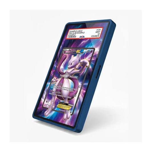A blue protective case for a Pokémon TCG trading card, shown holding a Mew card with a PSA authentication label on the top right. The case is displayed at an angle against a clean white background.