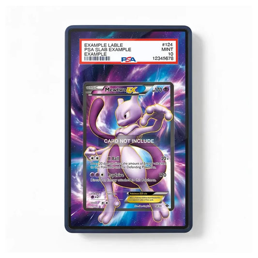 A PSA-graded display slab containing a Pokémon Mew card, shown against a clean white background. The slab has a dark blue border and a colorful purple and blue galaxy-style insert.
