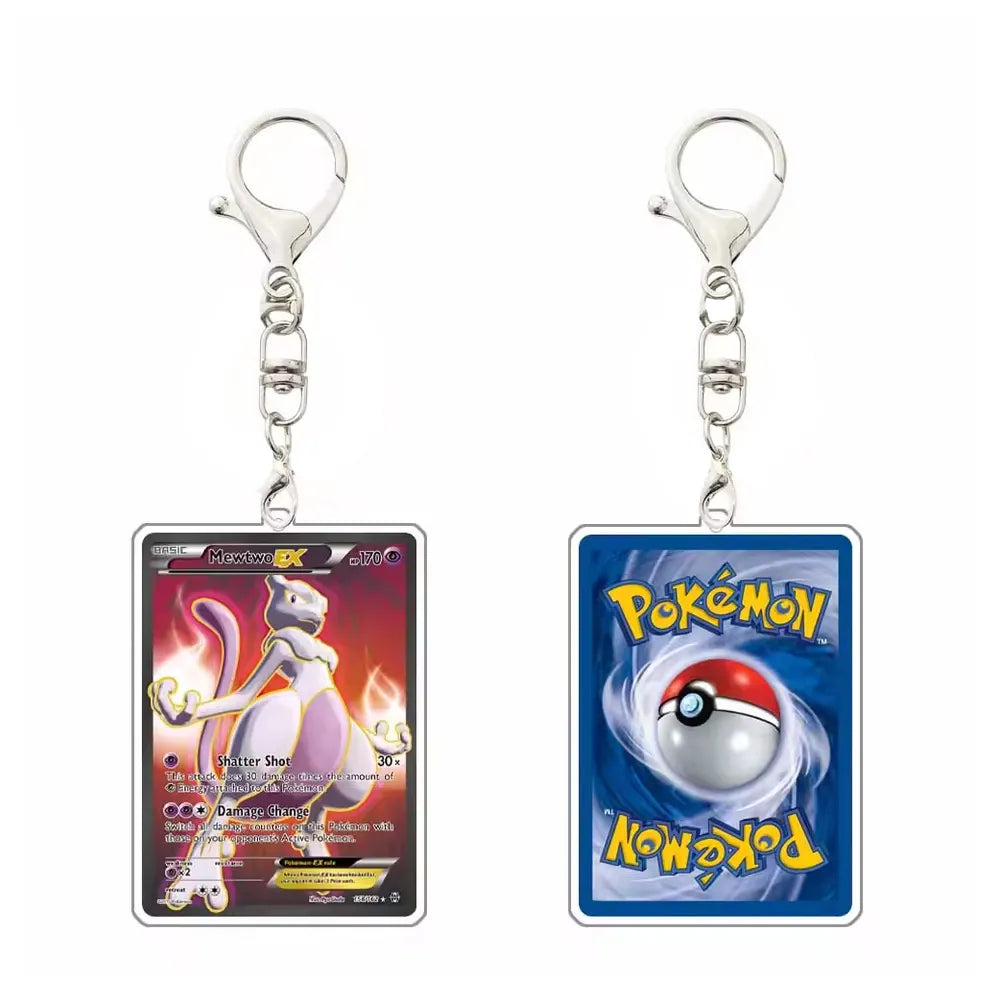 Two Pokémon-themed keychains shown side by side on a plain white background. The left keychain features a rectangular card with a silver border and a silver clasp, displaying Mew with a red and orange background.