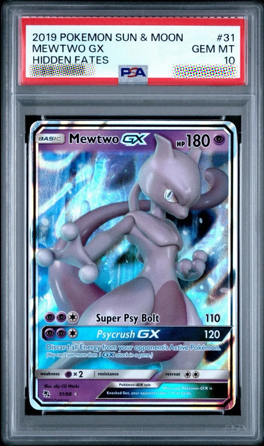 Pokémon trading card featuring Mewtwo GX in a protective case with a PSA label.