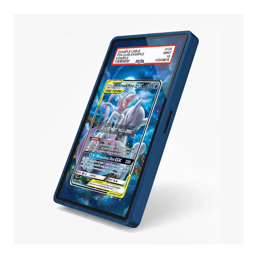 A blue protective phone case shown at an angle, displaying a Pokémon trading card on its screen. The case has a side button cutout and is photographed against a clean white background.