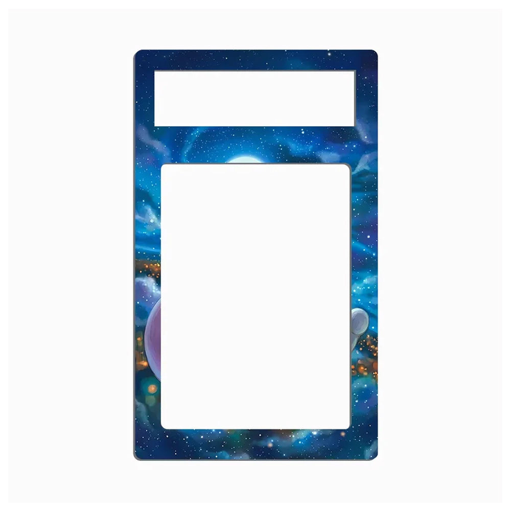 A rectangular decorative plate or frame with a blue galaxy space design, featuring a small cutout at the top and a large blank center cutout, shown on a plain white background.