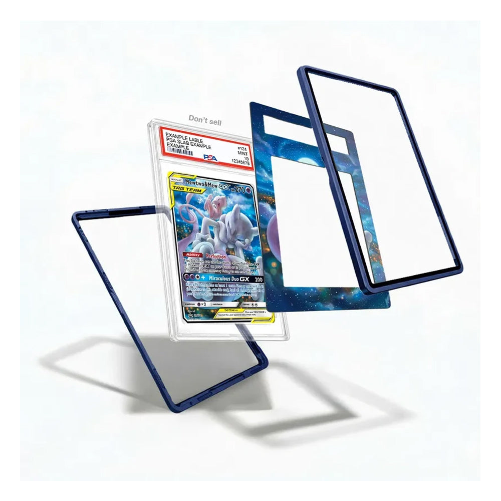 A clear acrylic display stand with dark blue borders, shown in multiple angles alongside a graded Pokémon card. The product is presented on a clean white background with soft shadows.