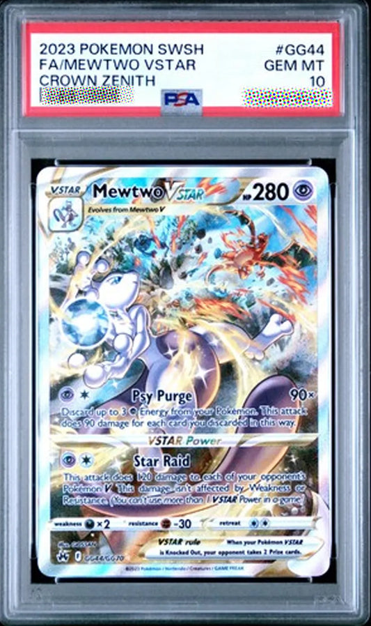 Pokémon trading card featuring Mewtwo VStar in a protective case with PSA grading label.
