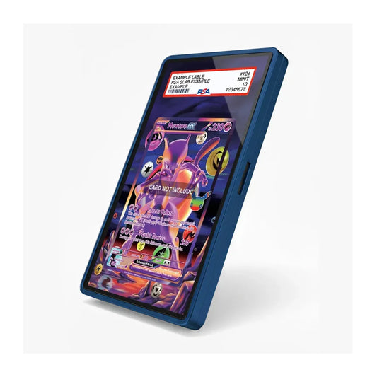 A blue protective phone case with a clear front window displaying a colorful holographic Pokémon trading card, set against a plain white background.