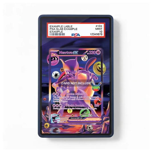 A PSA graded display card sleeve containing a holographic example card, shown against a plain white background. The sleeve features a black border with a red PSA grading label at the top and a colorful purple and orange holographic card insert in the center.