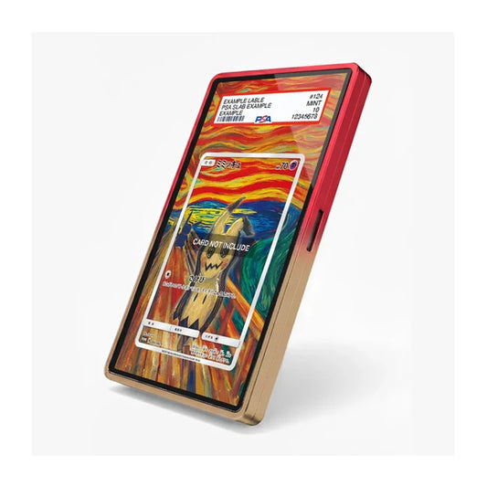 A smartphone shown at an angle with a red outer frame and a gold inner bumper, displaying a colorful abstract wallpaper. The phone is photographed on a clean white background.