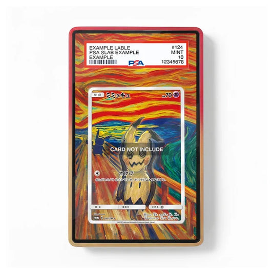 A graded PSA sample Pokémon TCG card slab featuring Edvard Munch's 'The Scream' artwork, with a red border and a clear top label showing PSA details and 'EXAMPLE SLAB' text.