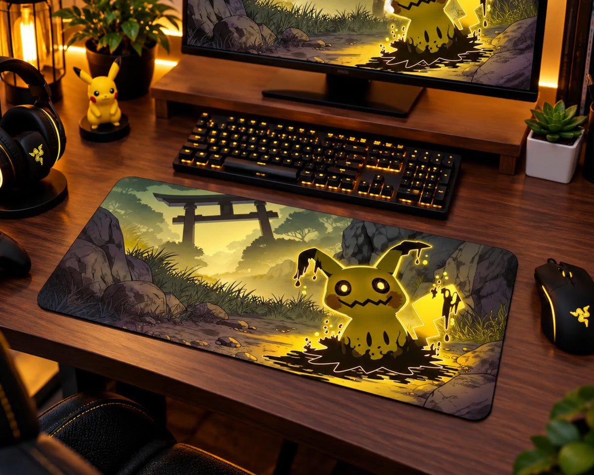 A large desk mat featuring a yellow cartoon character in a forest scene with a torii gate, styled on a wooden desk alongside a keyboard, mouse, monitor, and small Pikachu figurine.