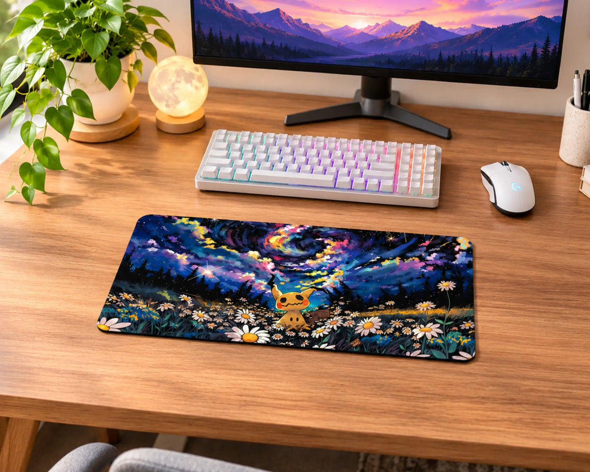 Mimikyu standing in a field of white daisies beneath a colorful swirling galaxy night sky with stars and glowing cosmic effects on a Pokemon gaming mouse pad.