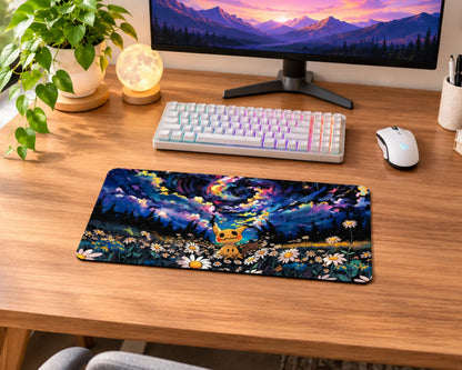 Mimikyu standing in a field of white daisies beneath a colorful swirling galaxy night sky with stars and glowing cosmic effects on a Pokemon gaming mouse pad.