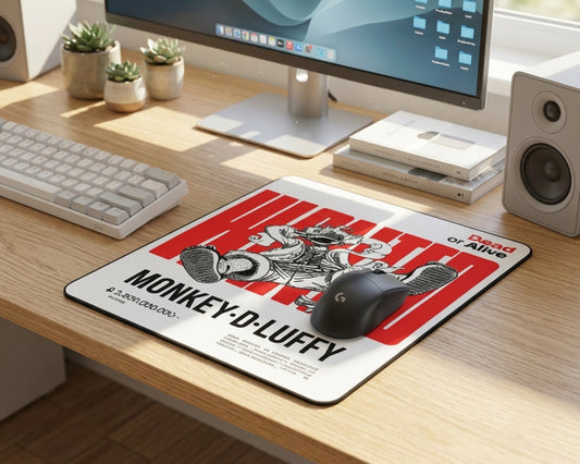 Minimalist One Piece Monkey D. Luffy wanted poster anime mouse pad in red and white design on a modern wooden desk setup with wireless gaming mouse and clean workspace aesthetic