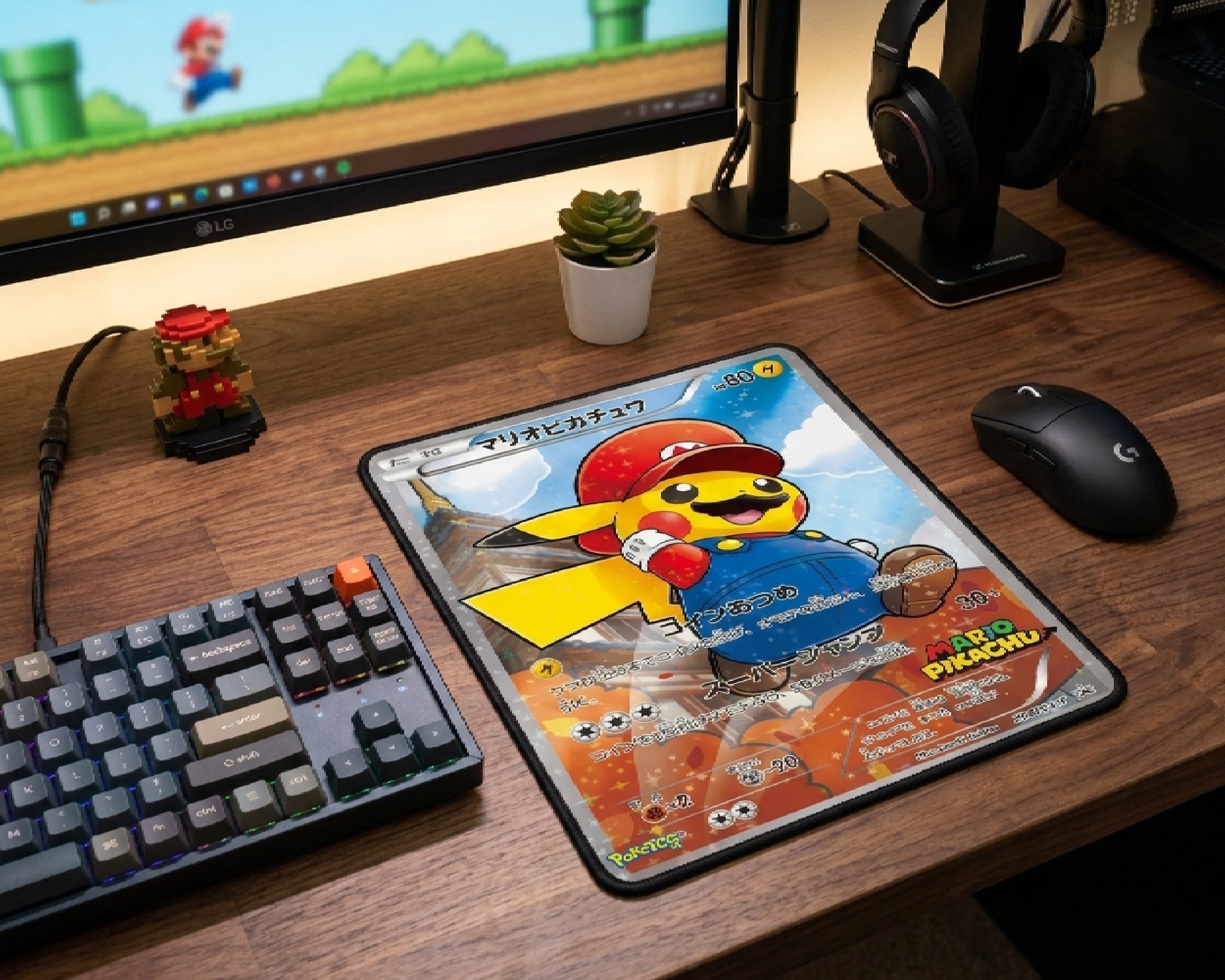 Mario Pikachu Pokémon themed gaming mouse pad on a clean RGB gaming desk with compact mechanical keyboard, Mario figure, and wireless gaming mouse