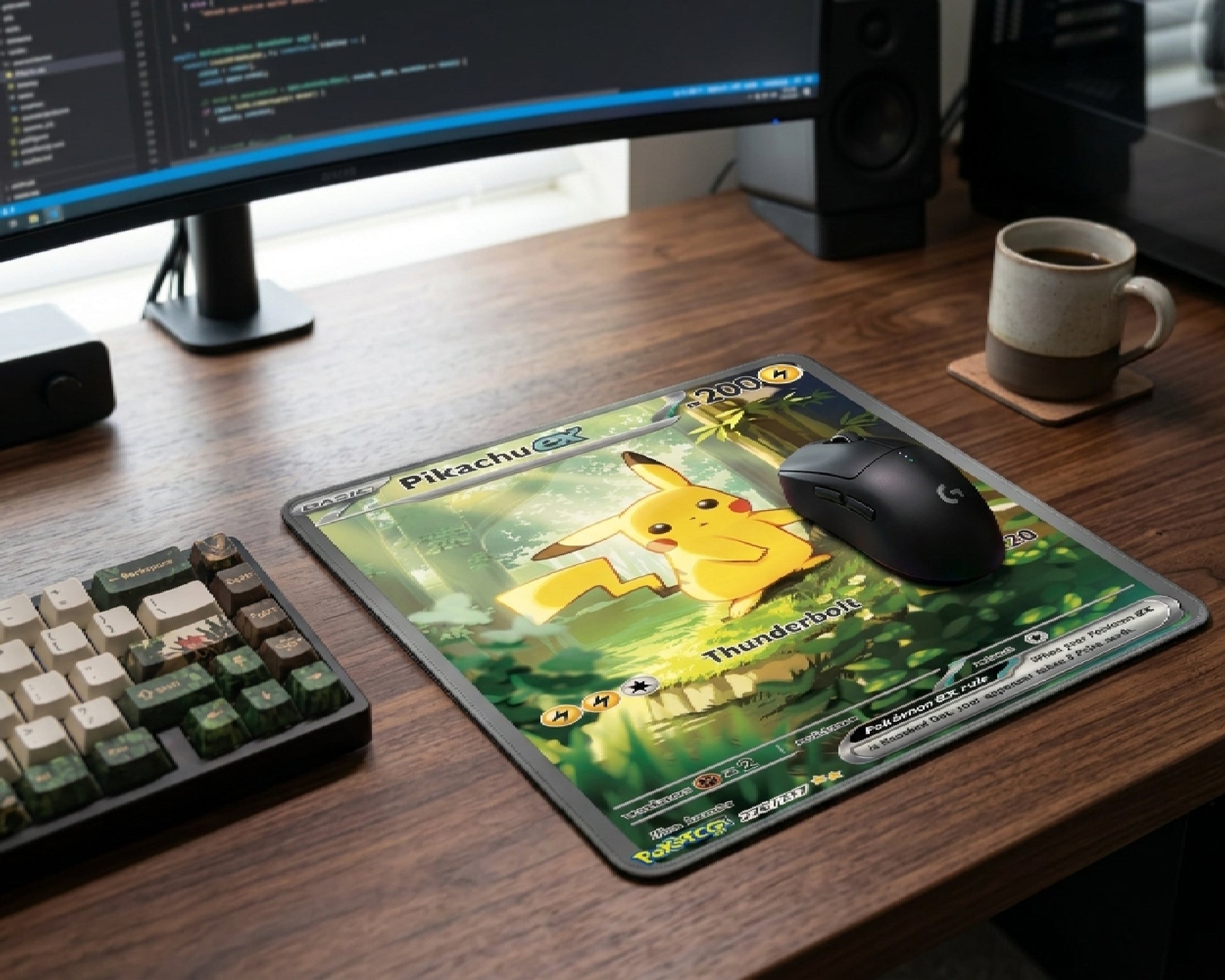 Pikachu EX themed gaming mouse pad on a dark wooden programmer desk with coding monitor, wireless gaming mouse, coffee mug, and compact keyboard