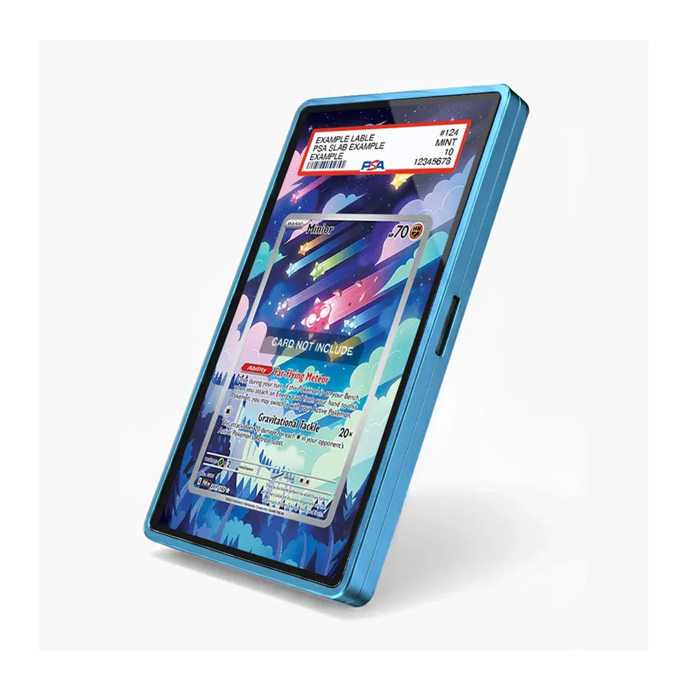 A blue protective phone case shown at an angle, featuring a printed graphic of a Pokémon trading card on the screen area, set against a plain white background.