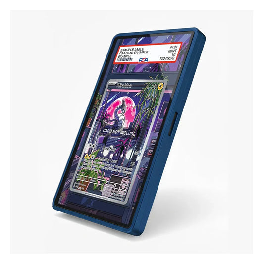 A blue protective case for a collectible trading card slab, shown at an angle on a light gray background. The slab contains a Pokémon card featuring a pink and purple character, with a PSA grading label visible at the top.