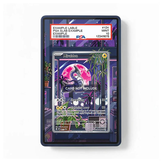 A PSA-graded display slab containing a Pokémon Miraidon card, shown against a clean white background. The slab features a purple and black patterned insert, and the top label shows PSA branding and grading details.