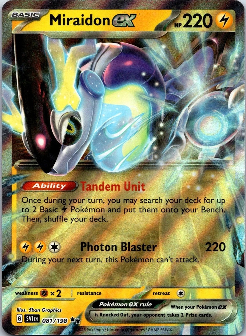 Pokémon TCG Double Rare (RR) card of Miraidon ex (081/198) from the Scarlet & Violet SV01 set, featuring the Paradox Legendary Pokémon in a vibrant Electric-type holographic design.