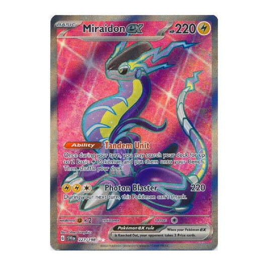 A single Pokémon trading card featuring Miraidon EX, a blue and yellow dragon-type Pokémon, shown against a plain white background.