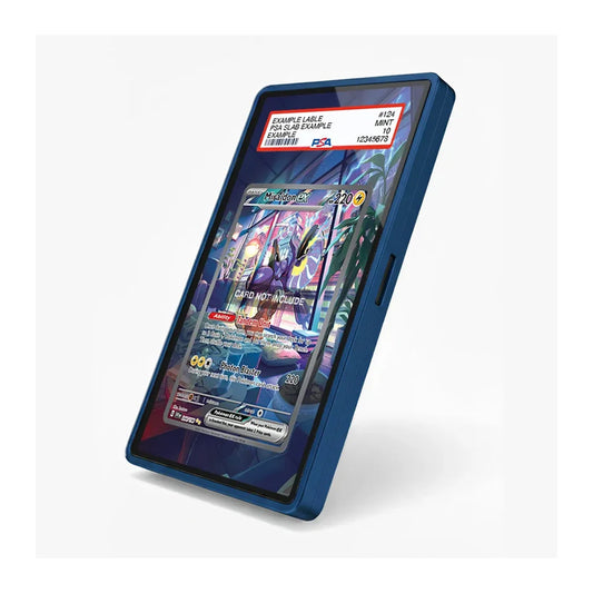 A blue protective phone case with a clear screen protector, shown on a smartphone displaying a colorful card game interface. The case is angled on a clean white background.