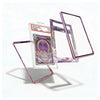 A set of clear acrylic card protectors with metallic rose gold and purple borders, shown in an exploded view with a graded collectible card inside one protector. The background is a clean white studio backdrop.
