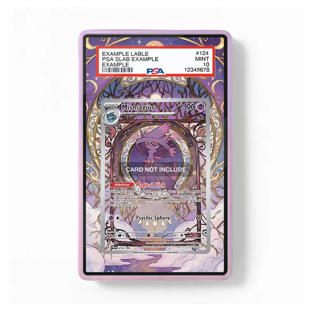 A PSA graded collectible card slab showing a Psychic Sphere card example, with the slab itself in a lavender-purple protective case on a clean white background.