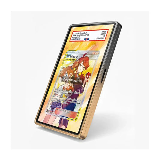 A black protective phone case with a gold-toned inner bumper, shown holding a holographic Pokémon TCG card graded PSA as an example. The product is photographed on a clean, light gray background.