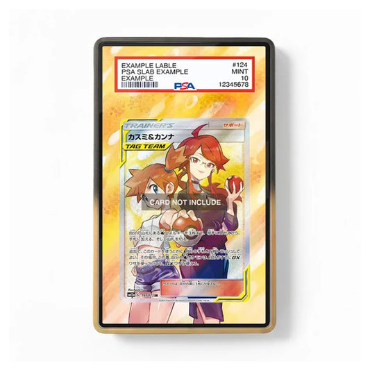 A PSA-graded protective card case for a Pokémon TCG card, featuring a gold-toned border and a red PSA grading label at the top. The case is shown on a clean white background, with a sample Pokémon card visible inside.