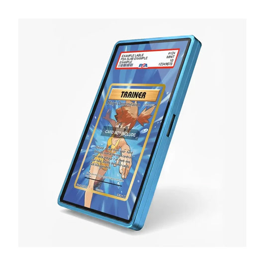 A blue protective phone case with a transparent screen protector showing a Pokémon Trainer card, displayed on a clean white background.