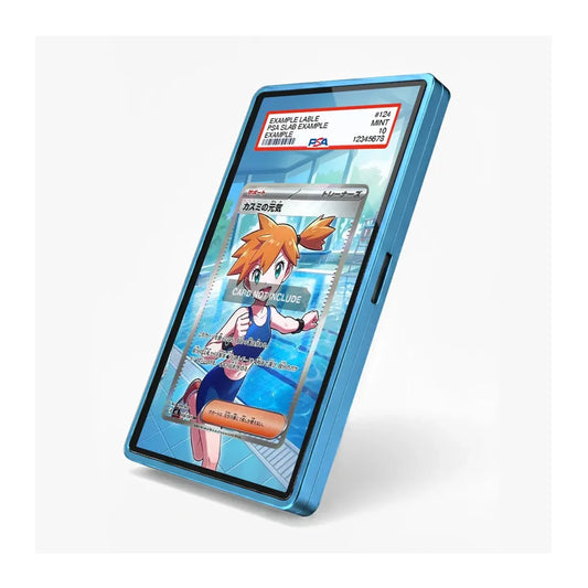 A blue smartphone case shown at an angle on a light gray background, with a printed anime-style card design visible through the screen area.