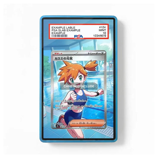 A protective PSA slab containing a Pokémon trading card, shown against a plain white background. The slab has a blue border and a PSA label at the top indicating a mint condition, #124, with placeholder text.