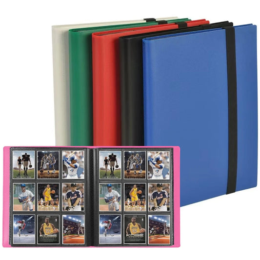 Collection of colorful photo albums with a focus on a pink album containing sports-themed cards.