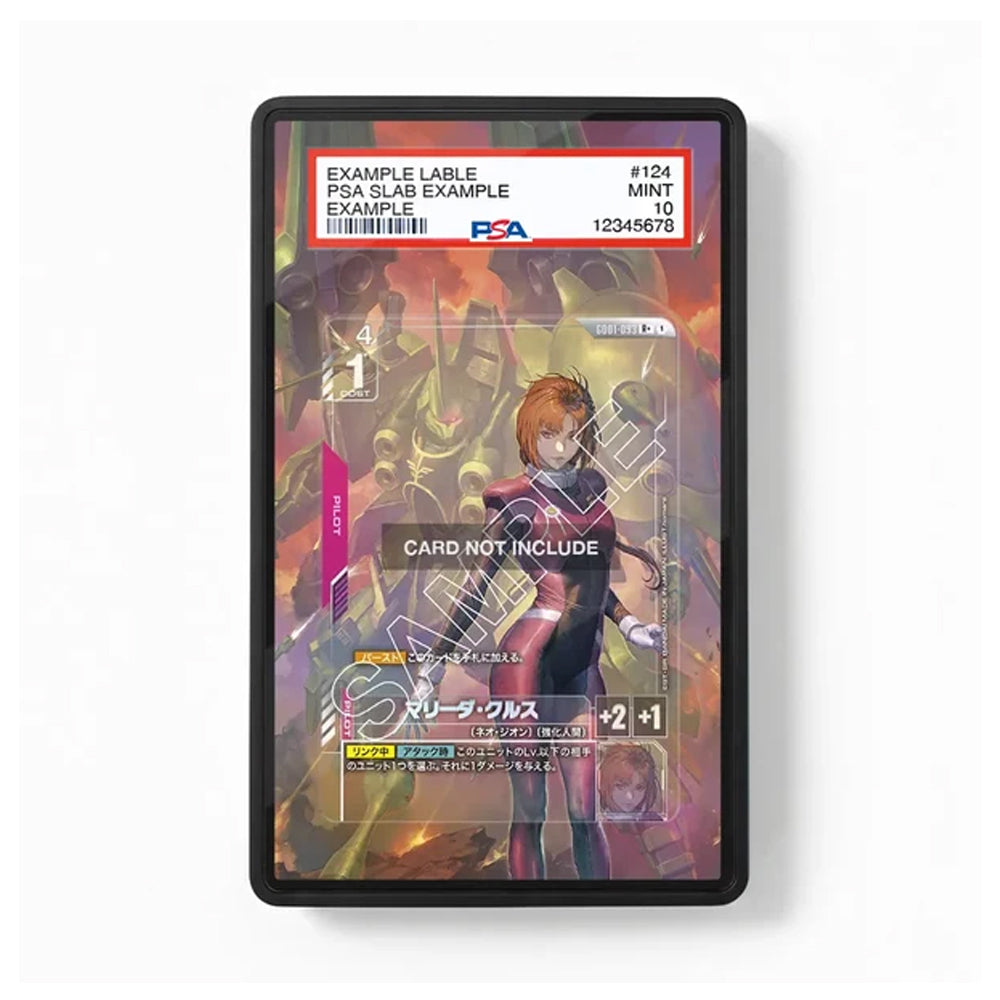 A PSA graded slab containing a trading card, shown against a plain white background. The slab has a black border and a white top label with red and black text, including the PSA logo.