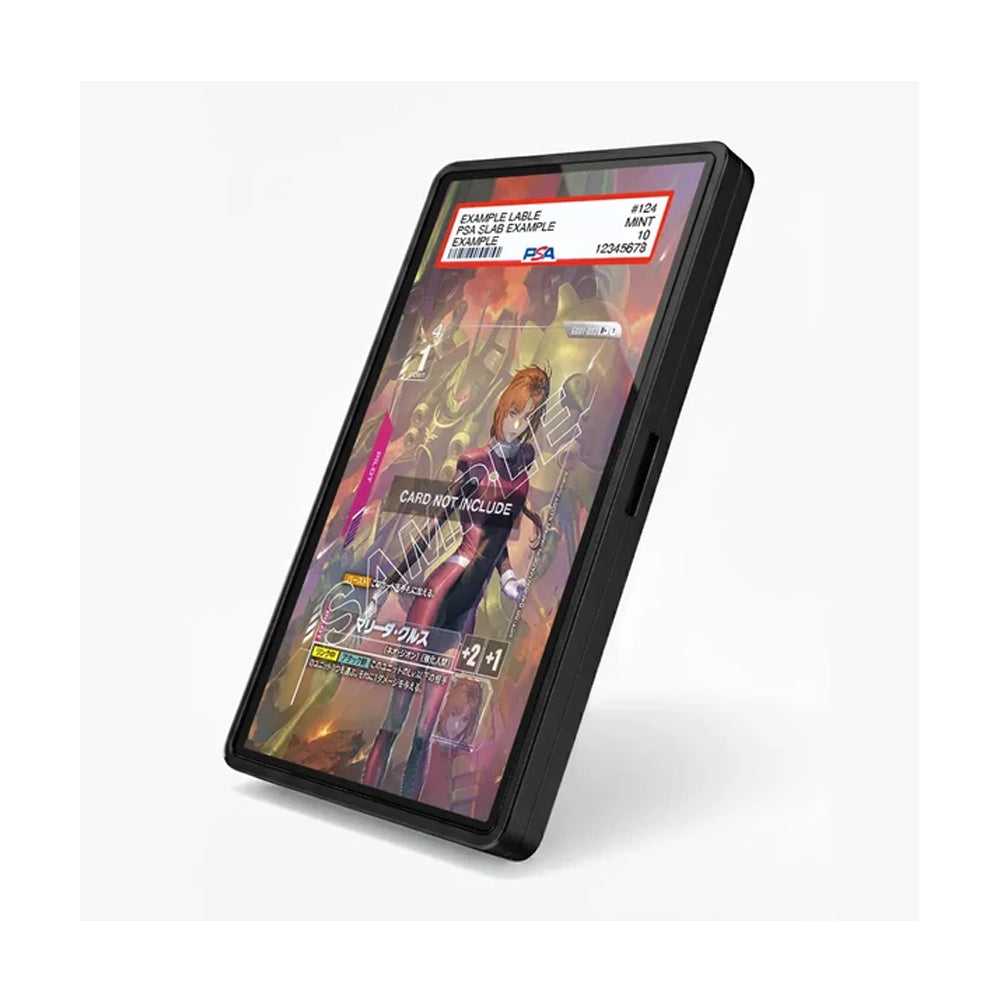 A black rectangular electronic device, likely a card reader or scanner, shown at an angle on a light gray background. The screen displays a colorful anime-style illustration and sample card details.