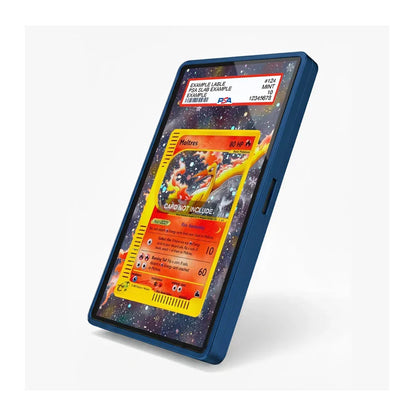 A blue protective phone case shown at an angle, displaying a sample Pokémon trading card on its screen against a light gray background.