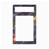 A rectangular decorative frame or plate with a dark galaxy print, featuring a small orange rocket launching into space on the right side and a small astronaut figure on the bottom left. The top portion has a smaller horizontal cutout, and the center is a large vertical cutout, shown against a plain white background.