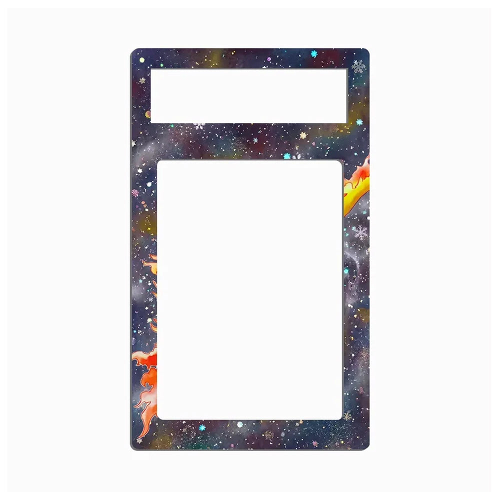 A rectangular decorative frame or plate with a dark galaxy print, featuring a small orange rocket launching into space on the right side and a small astronaut figure on the bottom left. The top portion has a smaller horizontal cutout, and the center is a large vertical cutout, shown against a plain white background.