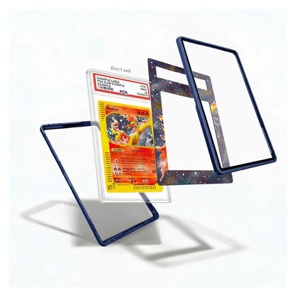 A set of custom protective frames for a graded Pokémon TCG card, shown floating around a graded PSA-graded card on a clean white background. The frames include a dark blue border, a black and white galaxy pattern, and a clear frame.