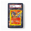 A PSA-certified display case containing a holographic collectible card featuring Moltres, shown against a clean white background. The top label is a red PSA slab certificate, and the card itself has a yellow border with a colorful space background.