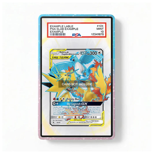 A PSA graded Pokémon trading card slab containing a GX Sky Legends GX card, shown in a clear protective case with a blue and pink glitter border on a white background.