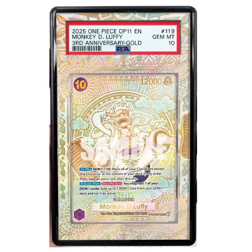 Trading card featuring Monkey D. Luffy from One Piece in a protective case with a visible grading label.