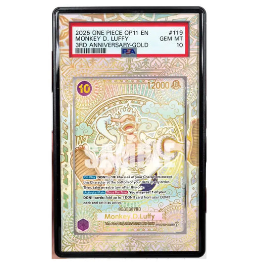 Trading card featuring Monkey D. Luffy from One Piece in a protective case with a visible grading label.
