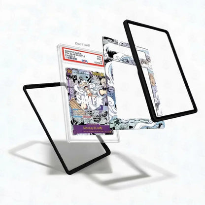 Card with character design and protective card holder on a white background