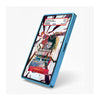 A blue protective phone case with a glossy finish, shown on a smartphone displaying a colorful anime graphic. The case is photographed on a clean, light gray background with a soft shadow.